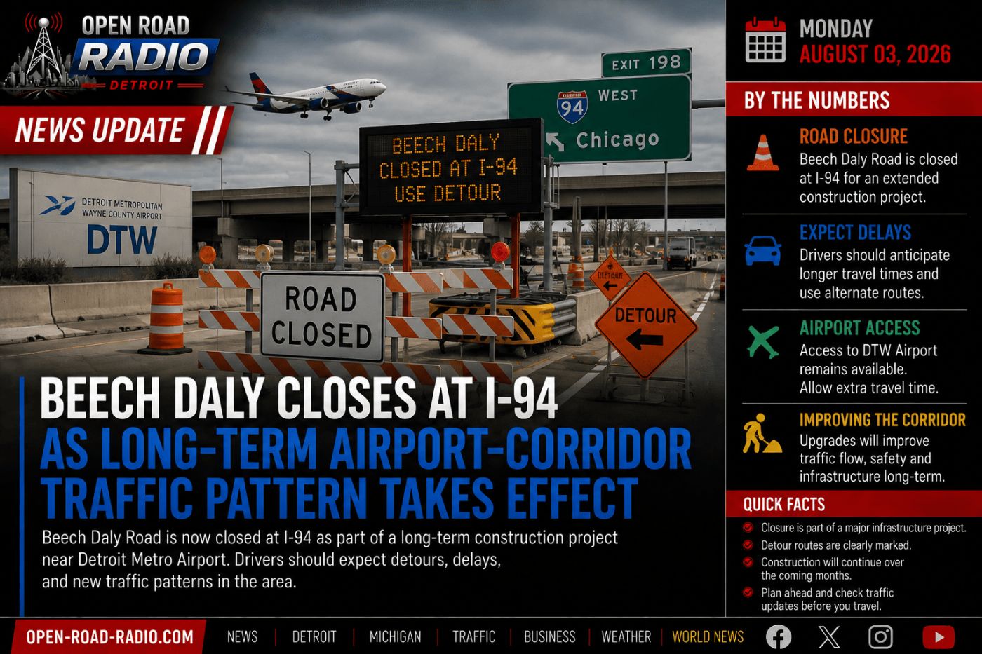 Beech Daly Road Closes at I-94 as Long-Term Airport Corridor Traffic Pattern Takes Effect