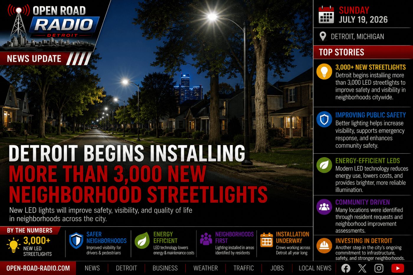 Detroit Begins Installing More Than 3,000 New Neighborhood Streetlights