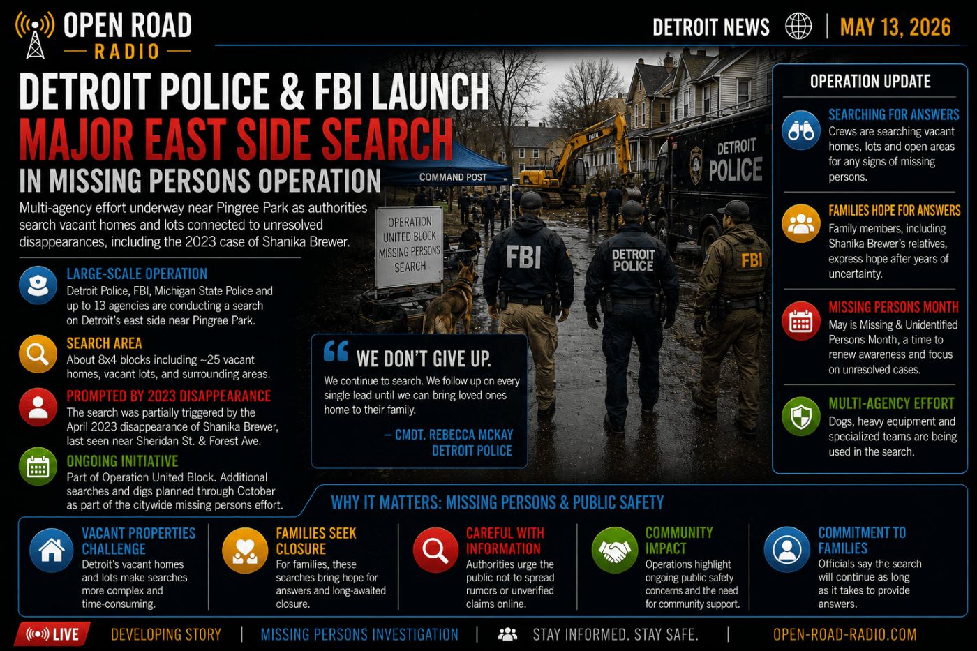 Detroit Police and FBI Launch Major East Side Search in Missing Persons Operation