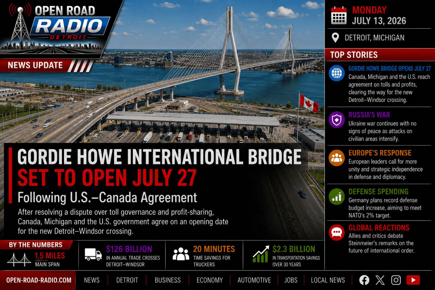 Gordie Howe International Bridge Set to Open July 27 Following U.S.–Canada Agreement