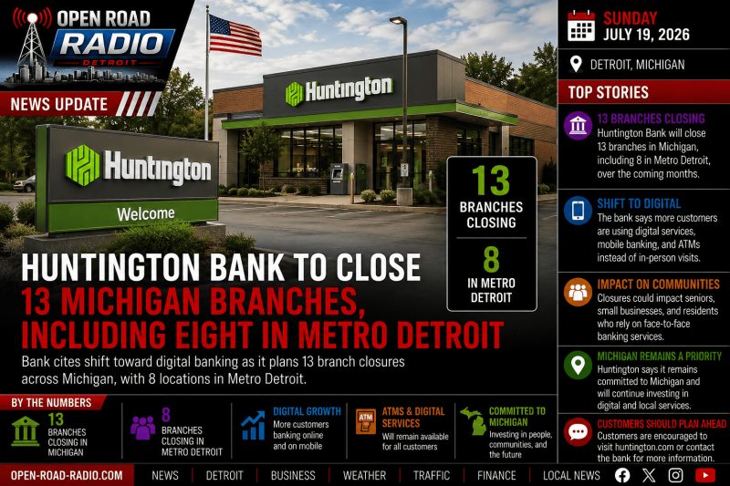 Huntington Bank to Close 13 Michigan Branches, Including Eight in Metro Detroit