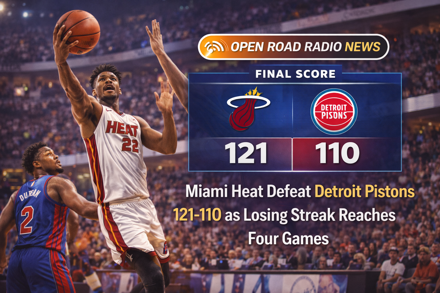 Miami Heat defeat Detroit Pistons 121-110 as losing streak reaches four games