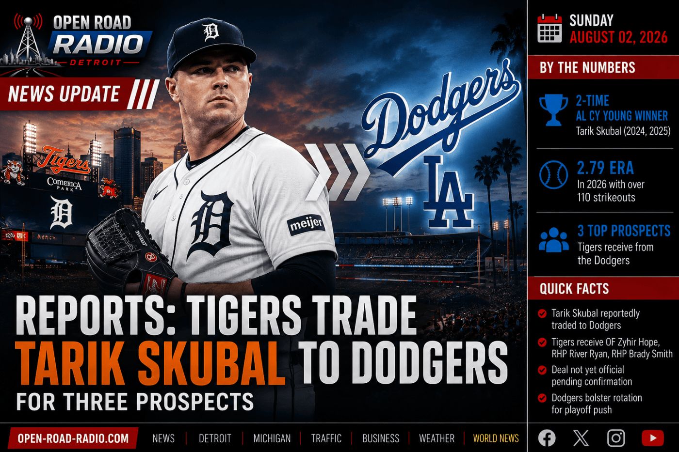 Reports: Detroit Tigers Trade Tarik Skubal to Dodgers in Blockbuster Deadline Deal