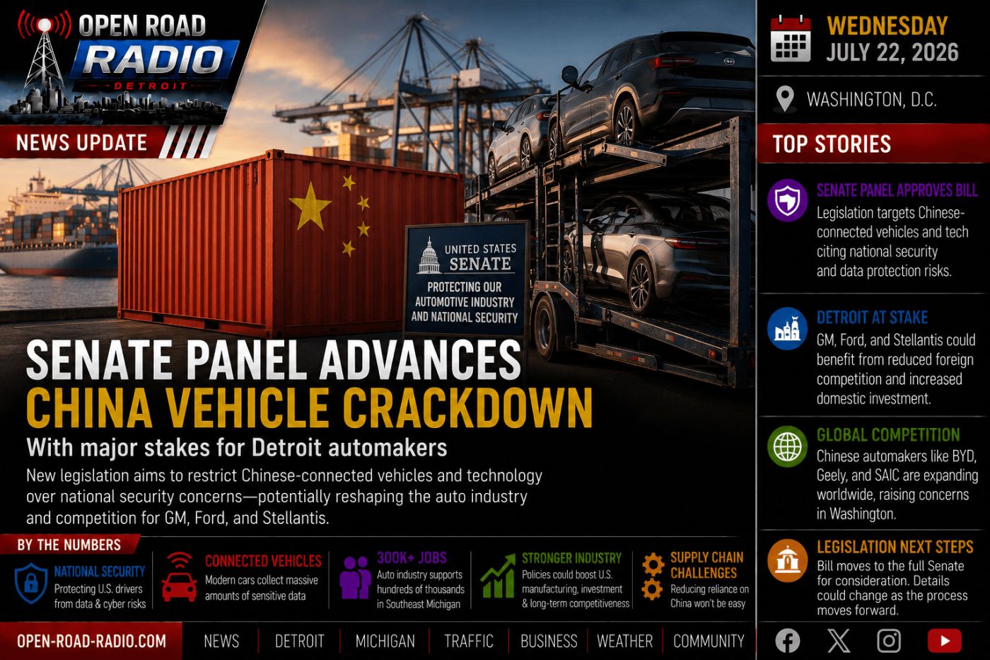 Senate Panel Advances China Vehicle Crackdown With Major Stakes for Detroit Automakers