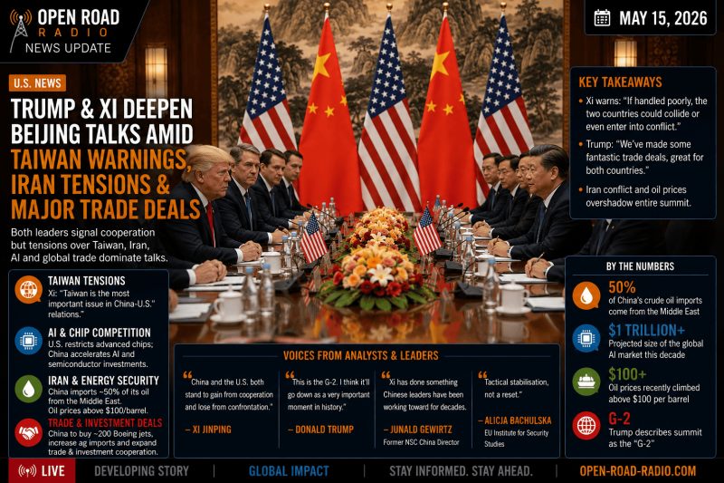 Trump and Xi Deepen Beijing Talks as Taiwan Warnings, Iran Tensions and Major Trade Deals Dominate Summit